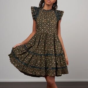 Ulla Johnson joan printed jasper green ruffle trimmed tiered dress with pockets